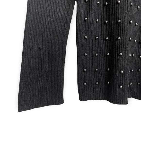 T Tahari Black  Ribbed Long Sleeve Top with Silver Beads - Picture 4 of 8